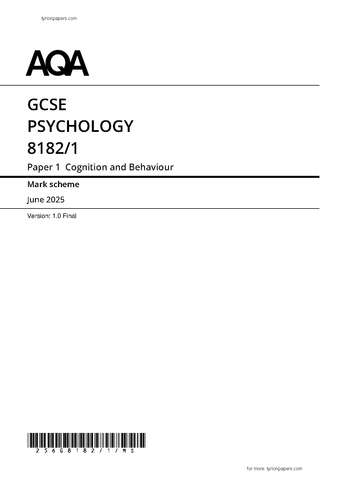 AQA GCSE Psychology Paper 1 Mark Scheme PDF