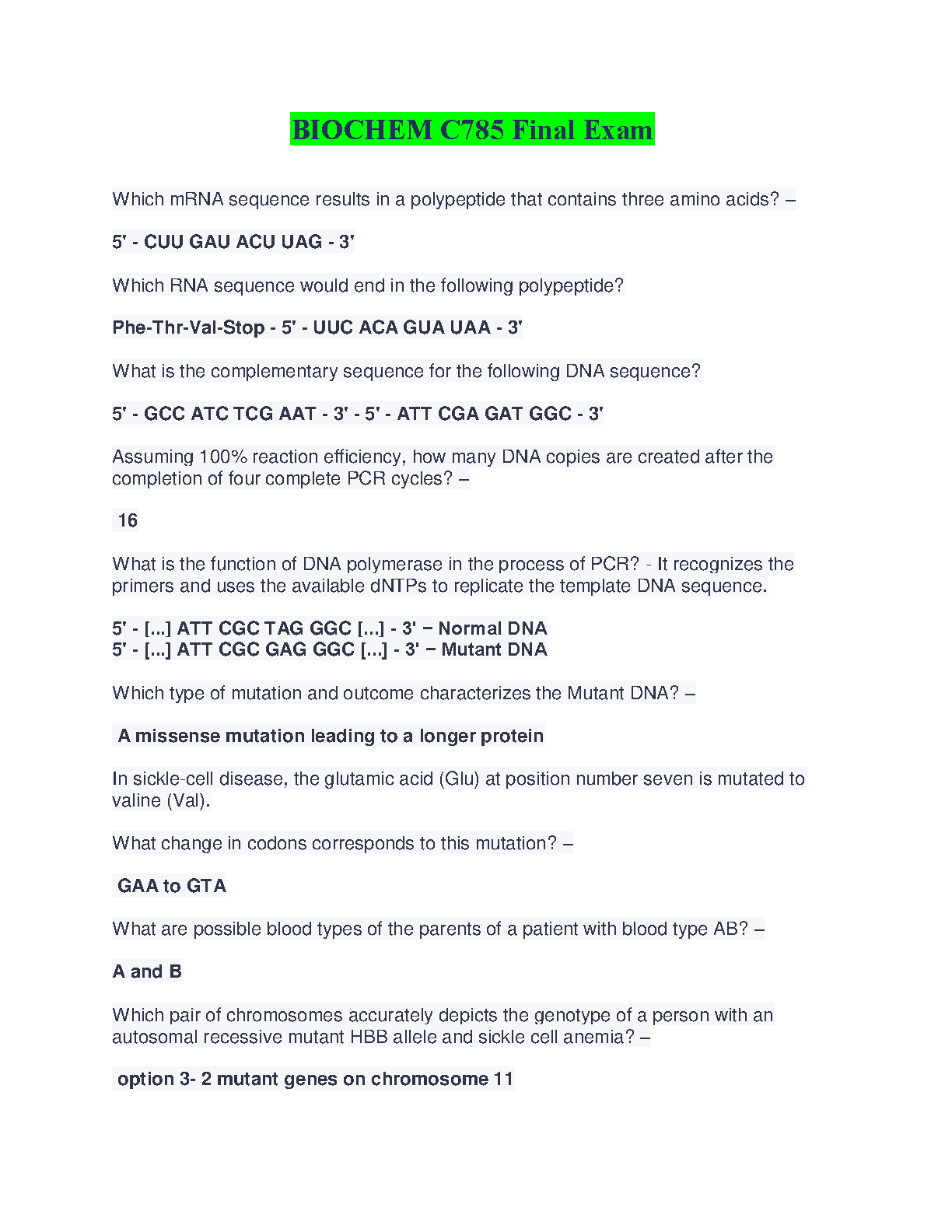 WGU BIOCHEM C785 Final Exam Elaboration and Verified Study Guide for the 2025/2026 Academic Year First Attempt Pass Strategy